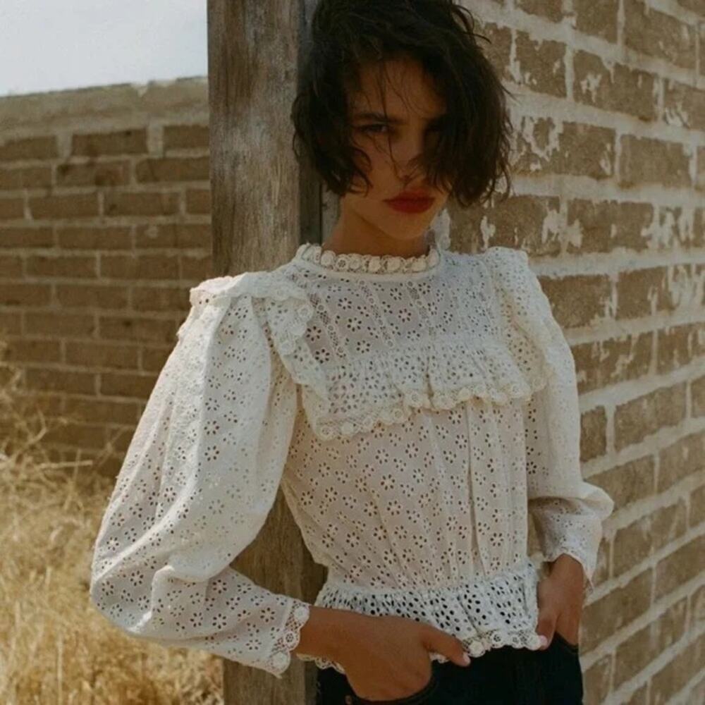 Doen Floryn Lace Eyelet Trim Ruffle Cotton Long Sleeve Blouse Top Ecru Magnolia